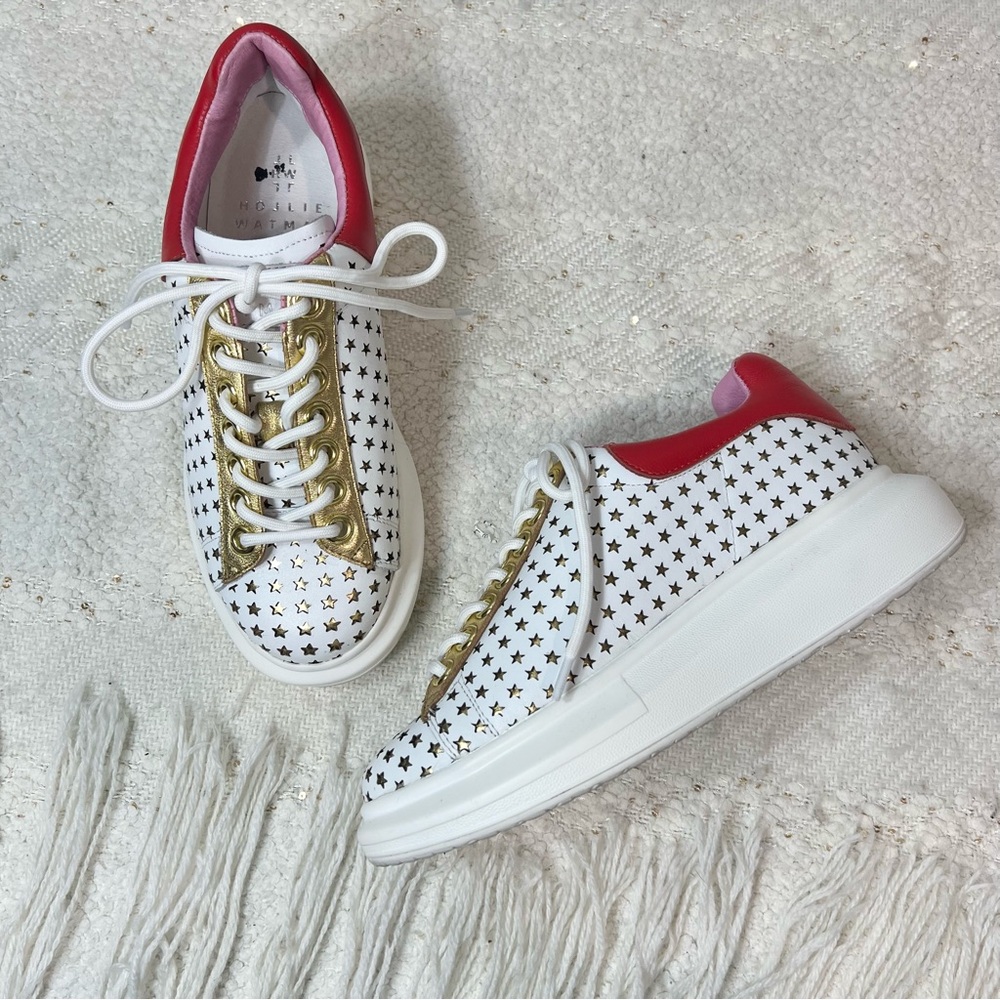 Hollie Watman ‘Star Gazer’ Sneakers White/Red/Gold Perforated Leather Shoes 6.5